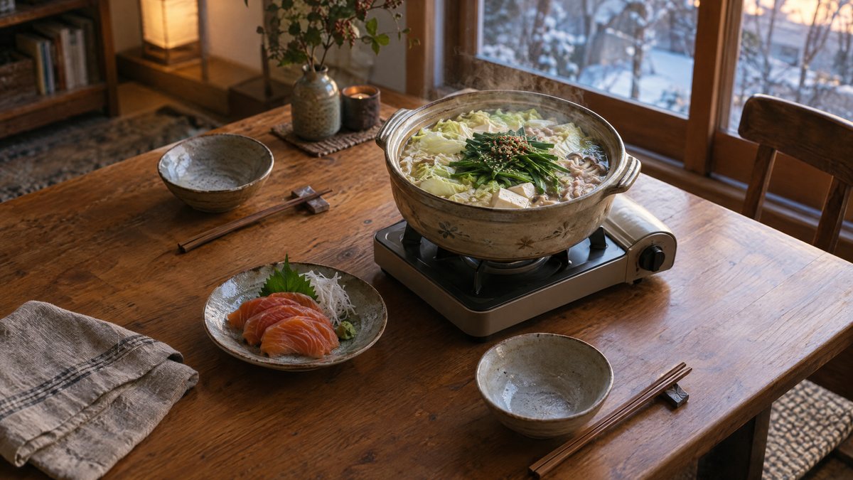 冬の食卓の鍋とサーモン（イメージ）